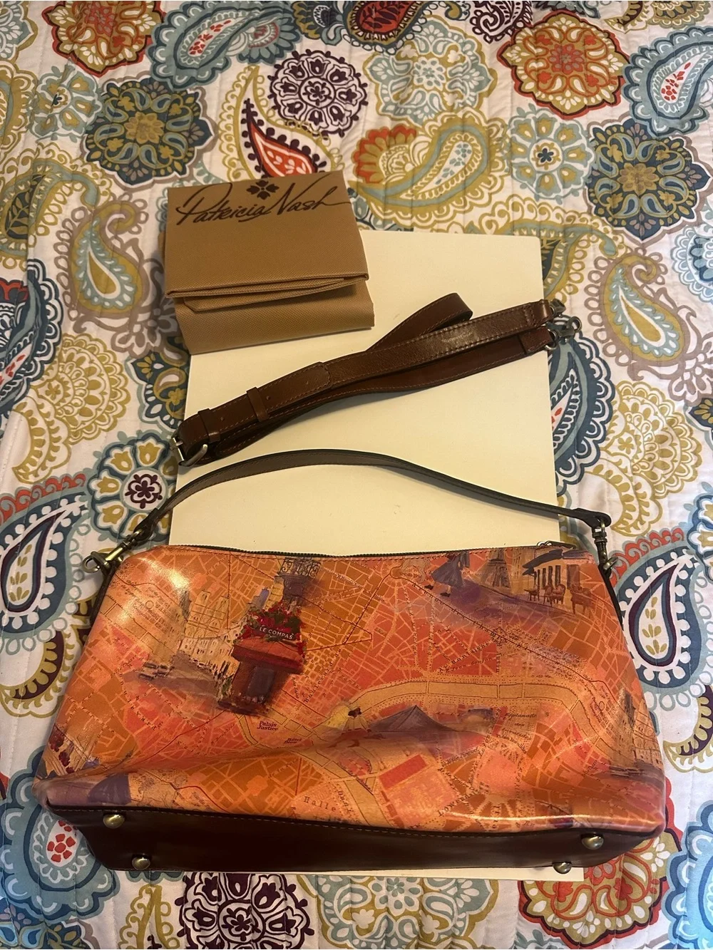 Patricia Nash Maura Paris Map Leather Crossbody Handbag Purse